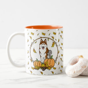 Tasse 2 Couleurs Automne Sibérie Husky (rouge) Citrouille mignonne