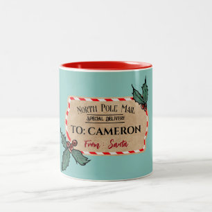 Tasse 2 Couleurs Balise Vintage "De Père Noël" turquoise avec nom p