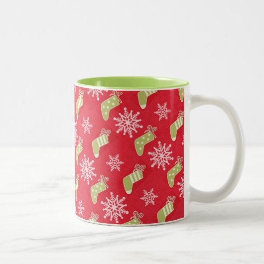 Tasse 2 Couleurs Bas de Noël verts et flocons rouges (Droit)