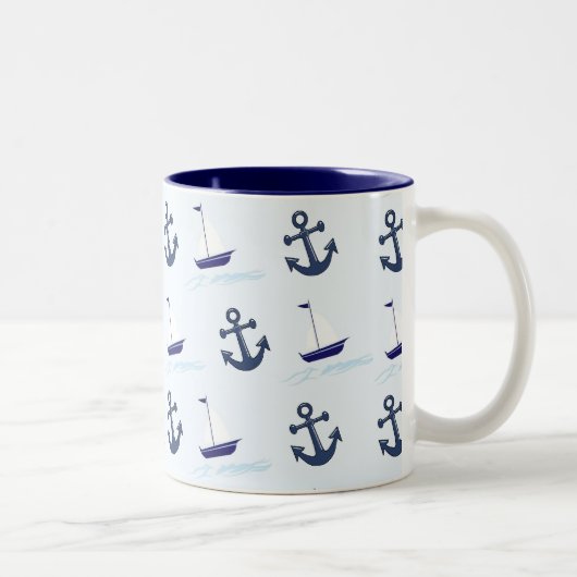 Tasse 2 Couleurs Bateaux à voile et Ancres Motif Bleu (Droit)