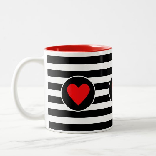 Tasse 2 Couleurs Beau coeur rouge sur noir & blanc rayé (Gauche)