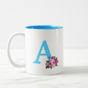 Tasse 2 Couleurs Beau monogramme turquoise avec fleurs de pommier