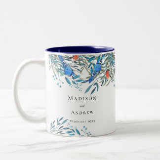 Tasse 2 Couleurs Beaux Oiseaux à l'aquarelle et Mariage de Feuillag