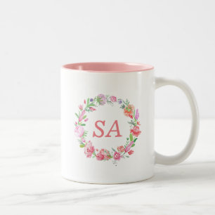 Tasse 2 Couleurs Belle Fleur Monogrammée Wreath Rose