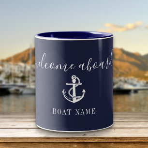 Tasse 2 Couleurs Bienvenue à bord Nom de bateau ancre nautique Bleu