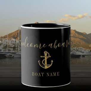 Tasse 2 Couleurs Bienvenue à bord Nom du bateau à l'ancre noir et o