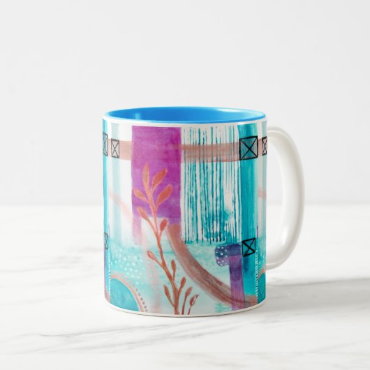 Tasse 2 Couleurs Bleu Abstrait Géométrique Rouge rose clair (Devant droit)