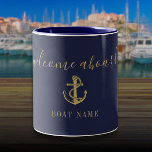Tasse 2 Couleurs Bleu marine or bienvenue à bord nom de bateau naut