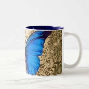 Tasse 2 Couleurs Bleu monarque papillon damassé art Vintage