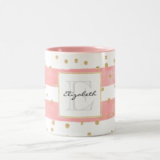 Tasse 2 Couleurs Bleu rose | Faux Gold Confetti Monogramme (Centre)