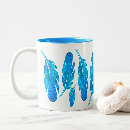 Tasse 2 Couleurs Blue boho feathers blue and gray (Avec donut)