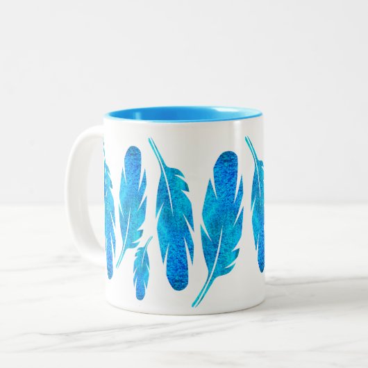 Tasse 2 Couleurs Blue boho feathers blue and gray (Devant gauche)