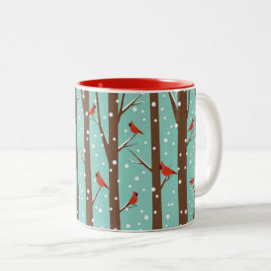 Tasse 2 Couleurs Bois d'hiver des oiseaux cardinaux rouges