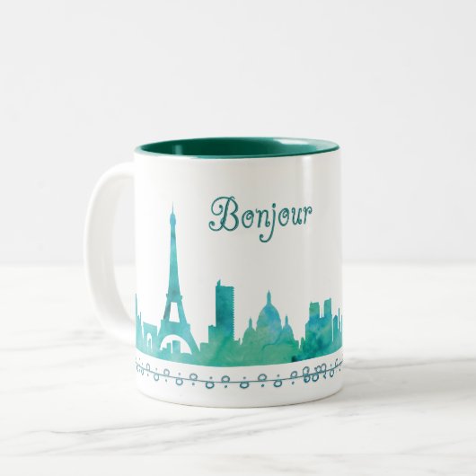 Tasse 2 Couleurs Bonjour Paris Aquarelle Silhouette (Devant gauche)