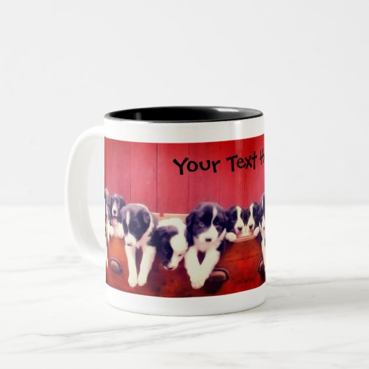 Tasse 2 Couleurs Bordure Collie Puppies Dans Tiroir Personnalisé (Devant gauche)