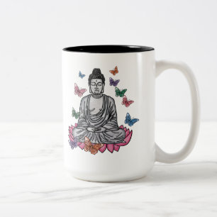 Tasse 2 Couleurs Bouddha sur fleur de lotus avec muqueuse de papill