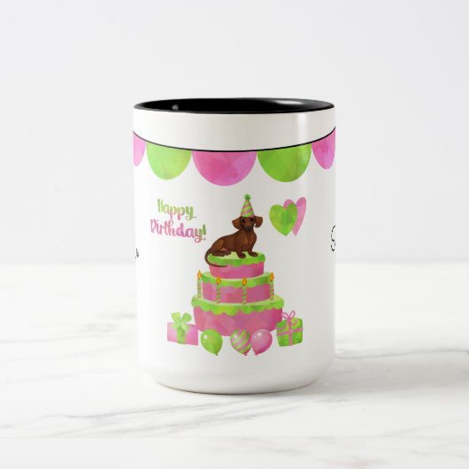 Tasse 2 Couleurs Boug d'anniversaire rose et vert Dachshund (Centre)