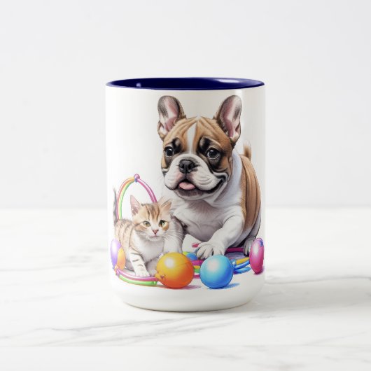 Tasse 2 Couleurs Bouledogue français avec chat (Centre)