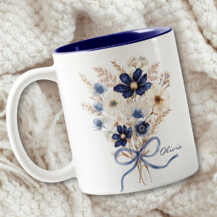 Tasse 2 Couleurs Bouquet de fleurs bleu marine aquarelle personnali