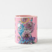 Tasse 2 Couleurs Budgie Main Peint rose Bleu floral Filles Nom (Centre)