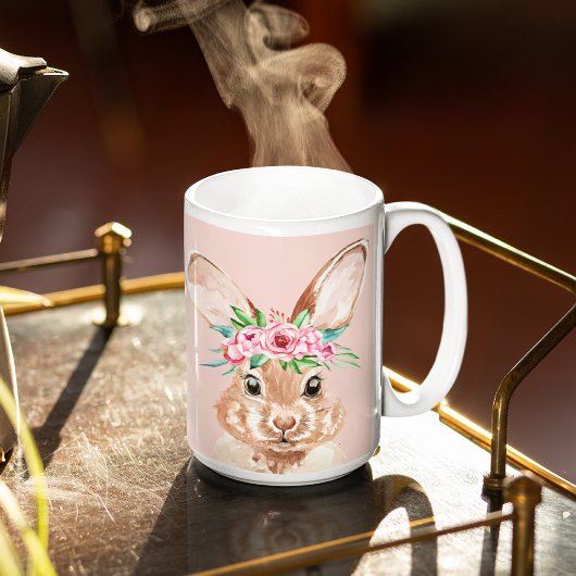 Tasse 2 Couleurs Bunny D'Aquarelle Rose Pastel Moderne Avec Fleurs