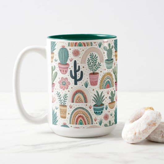 Tasse 2 Couleurs Cactus Pot with Plants, Flowers and Rainbows (Avec donut)