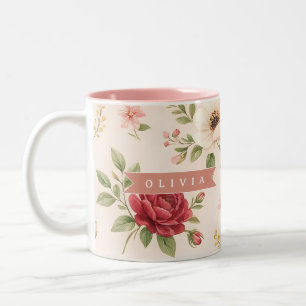 Tasse 2 Couleurs Cadeau Personnalisé Nom Romantique Floral Vintage