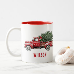 Tasse 2 Couleurs Camion rouge vintage aquarelle Noël