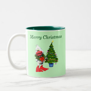 Tasse 2 Couleurs Canard de Noël blanc mignon portant une couronne