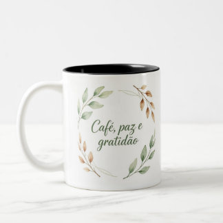 Tasse 2 Couleurs Caneca Café, Paz e Gratidão – Coroa de Folhas Aqua