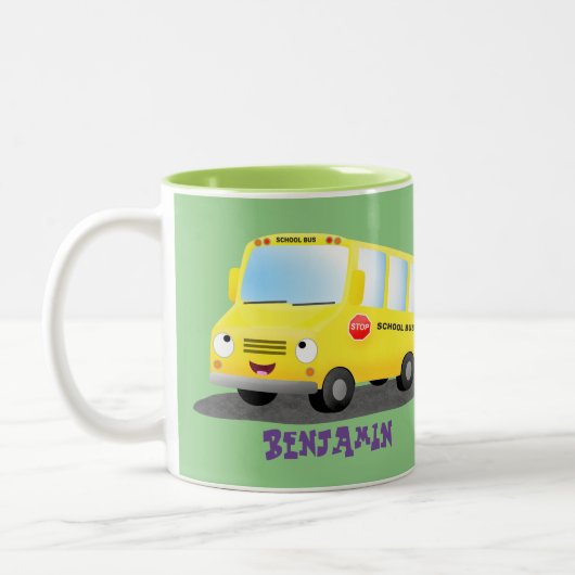 Tasse 2 Couleurs Caricature du bus scolaire jaune joyeux (Gauche)