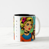 Tasse 2 Couleurs Cartoon Comic Pop Art Femmes tenant un chat (Devant droit)