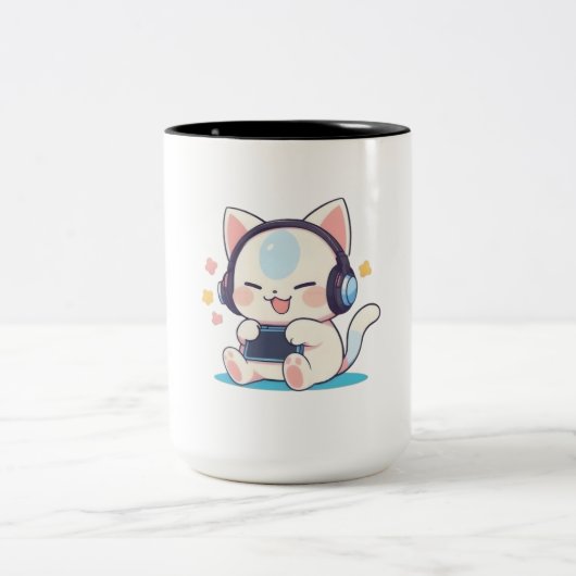 Tasse 2 Couleurs Casque de jeu console portable Chibi Chat Mignon (Centre)