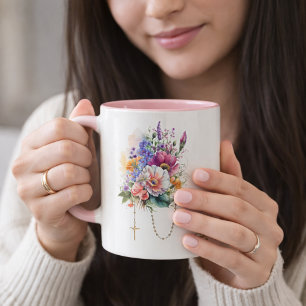 Tasse 2 Couleurs Catholique Floral Bouquet Memorare Prière Rosaire