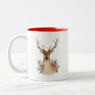 Tasse 2 Couleurs Cerf de Noël avec guirlande lumineuse et verdure