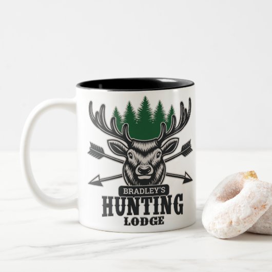 Tasse 2 Couleurs Cerf Élaphé Chasseur AJOUTER NOM Cabane de chasse  (Avec donut)