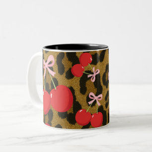 Tasse 2 Couleurs Cerises Rouges avec Nœud Rose Imprimé Léopard Coqu