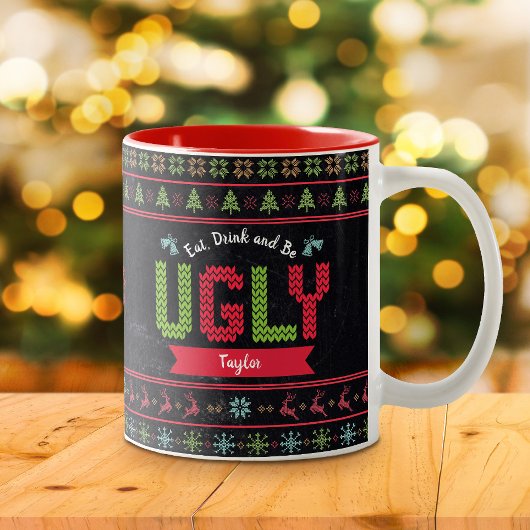 Tasse 2 Couleurs Chandail de Noël moche Nordic Knit Name Chalkboard
