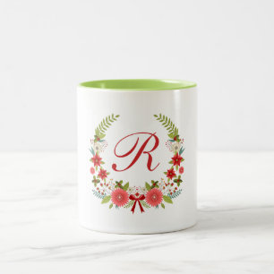 Tasse 2 Couleurs Charmant monogramme de couronne de fleurs de Noël