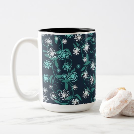 Tasse 2 Couleurs Charme blanc et Turquoise floral (Avec donut)