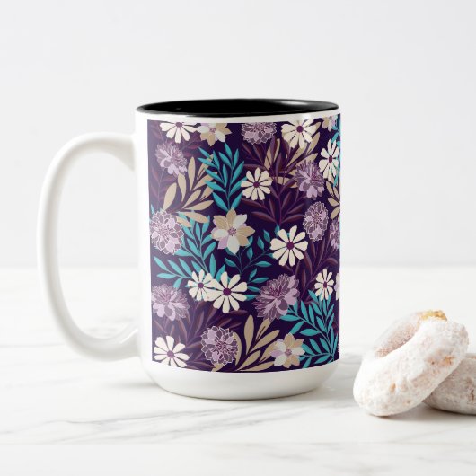 Tasse 2 Couleurs Charme Turquoise & Bourgogne Floral (Avec donut)