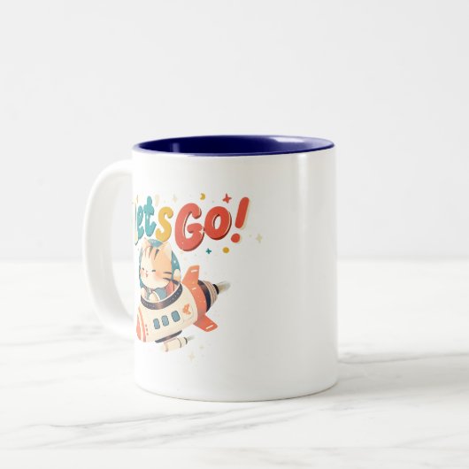 Tasse 2 Couleurs Chat astronaute mignon chevauchant une fusée dans  (Devant gauche)