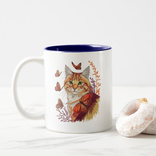 Tasse 2 Couleurs Chat avec papillons Monarch (Avec donut)