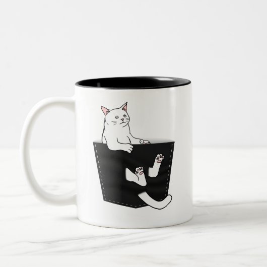 Tasse 2 Couleurs Chat blanc mignon assis dans une poche (Gauche)