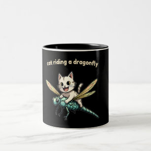 Tasse 2 Couleurs Chat chevauchant une libellule, idée cadeau pour l