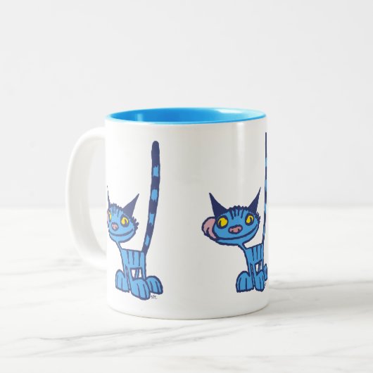 Tasse 2 Couleurs Chat cool de dessin bleu (Devant gauche)
