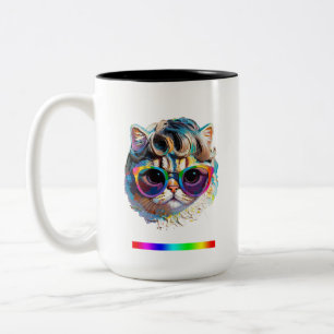Tasse 2 Couleurs Chat dans une perruque + Lunettes de soleil (Peint