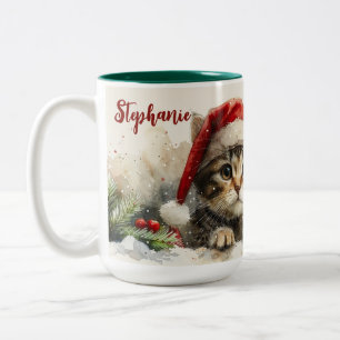 Tasse 2 Couleurs Chat de Noël aquarelle Chaton mignon