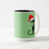 Tasse 2 Couleurs Chat de Noël Rétro Vert à Long Cou (Devant droit)
