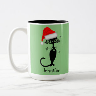 Tasse 2 Couleurs Chat de Noël Rétro Vert à Long Cou